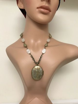 Huge Vintage Monet Locket Pearl Bead Gold Necklace 18” Chain