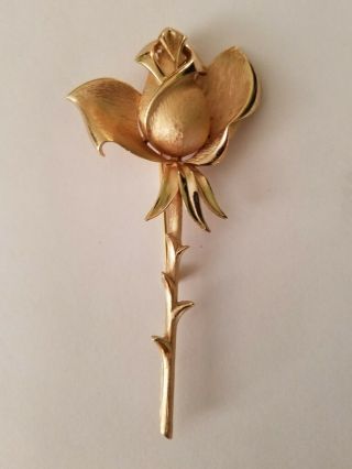 Vintage Brooch Pin Signed Crown Trifari Large Brushed Gold Rosebud W/ Stem