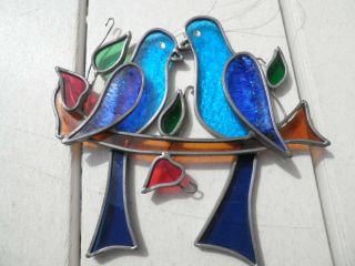 Vintage Leaded Stained Glass Suncatcher - - 2 Blue Birds - 7 " X 6 "