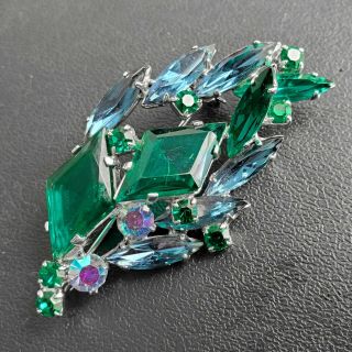 Vintage Emerald Green Sapphire Blue Rhinestone Geometric Flower Brooch Pin Q166