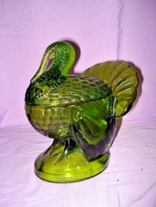 Vintage Green Pressed Glass Turkey Candy Dish Bowl With Lid