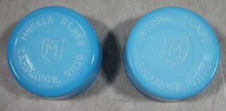 2 Vintage Mosser Blue Slag Art Glass Paperweights Dealer Display Round Signs Usa