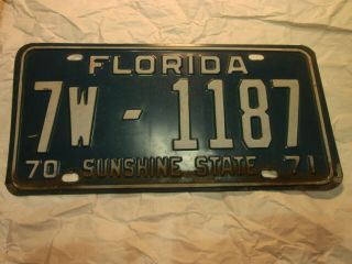 Vintage 1970 1971 Blue & White Sunshine State Florida License Plate 7w - 1187