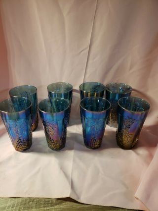 8 Vintage Indiana Blue Carnival Glass Iridescent Harvest Grape 5 3/4 " Tumblers