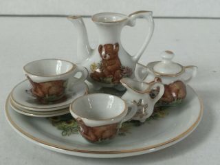 Vintage Miniature Porcelain Teddy Bear Tea Set Service For 2