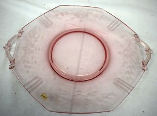 Vintage Pink Depression Glass Etched Rose Pattern Leaf Handled Serving Platter