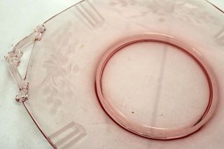 VINTAGE PINK DEPRESSION GLASS ETCHED ROSE PATTERN LEAF HANDLED SERVING PLATTER 2