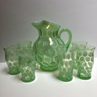 Vintage Fenton Green Coin Dot Opalescent Pitcher And 6 Glasses Set