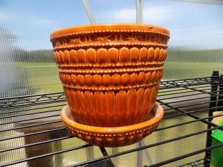 Mccoy Usa Orange Planter Attached Saucer Art Pottery Flower Pot Vintage