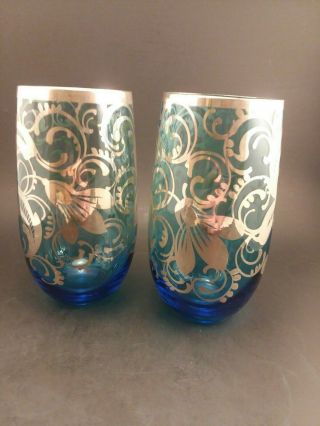 Vintage Hand Blown Cobalt Blue Tumblers With Silver Overlay,  12 Oz