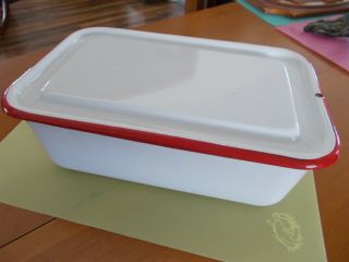 Pet Rescue Vintage Red White Enamel Ware Refrigerator Dish Box With Lid Top