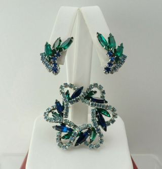 Vtg Blue Green Marquise Rhinestone Layered Silver Tone Pin Brooch Earring Set