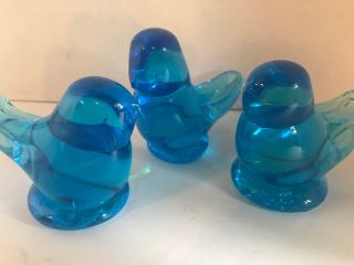 3 Vintage Blue Bird Of Happiness Leo Ward Ron Ray Glass Figurines Paperweight