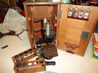 Vintage Mirror Type Microscope W/ 3 Set Of Eyeieces & 4 Objective Lens Holders