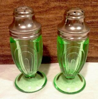 Vintage Set Of Green Depression Glass Salt & Pepper Shakers
