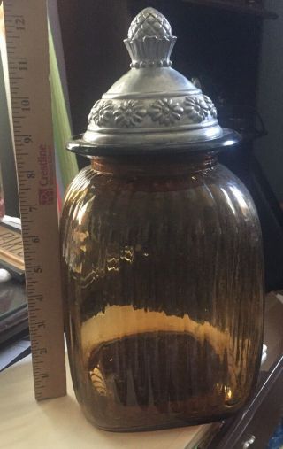 Vintage Artland Large 12 " Amber Glass Canister Brown Square Jar With Metal Lid