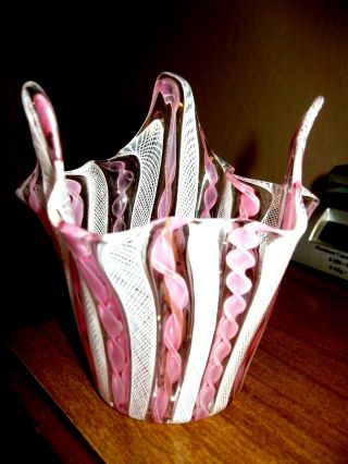 Vintage Murano Art Glass Pink White Latticino Ribbons Fabulous Handkerchief Vase
