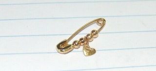 VINTAGE 14K GOLD SAFETY PIN_w/ 14K GOLD BEADS & w/ 14K GOLD HEART_All Stamped 2