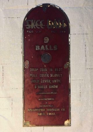 Vintage 1930s - 40s Arcade Skee - Ball Name Plate,  Solid Brass,