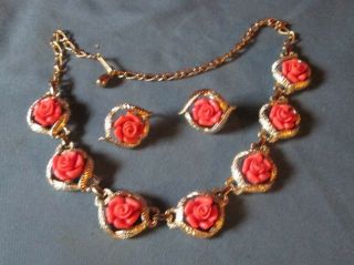 Vintage Sarah Coventry Gold - Tone Metal Faux Coral Flower Necklace & Earrings