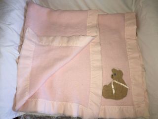 Vtg Tennessee Woolen Mills Inc Pink Acrylic Baby Blanket Tan Brown Teddy Bear