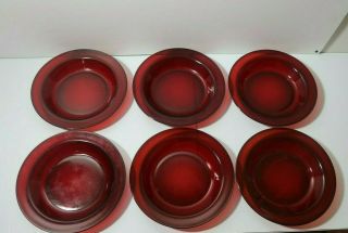 6 Vintage Arcoroc France Ruby Red Garnet Rimmed 8.  5” Width Salad Soup Bowls