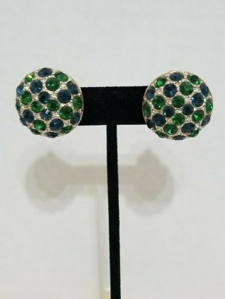 Vintage Swarovski Signed Clear,  Blue,  & Green Rhinestones Clip On Earrings