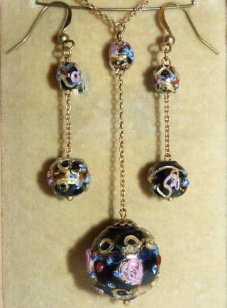 Vintage Venetian Art Deco Wedding Cake Bead Lariat Drop Necklace & Earrings Set