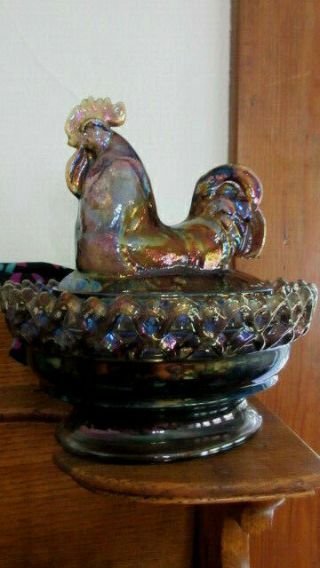 Vtg Imperial Carnival Glass Rooster On Nest Covered Dish Iridescent Blue