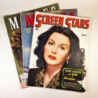 (3) Vintage Movie Magazines (1944) Hedy Lamarr,  Ginger Rogers,  Paulette Goddard