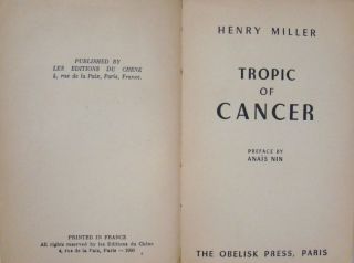 Tropic Of Cancer - Henry Miller - The Obelisk Press - Paris