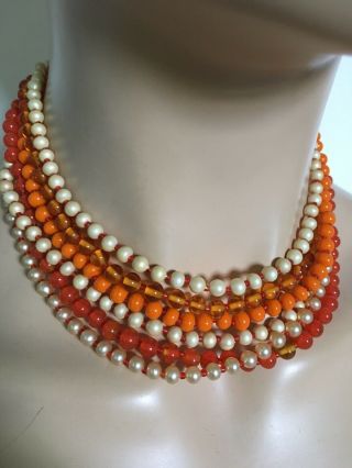 Vintage Faux Carnelian Amber Orange Art Glass Pearl 6 Strand Bead Necklace Japan