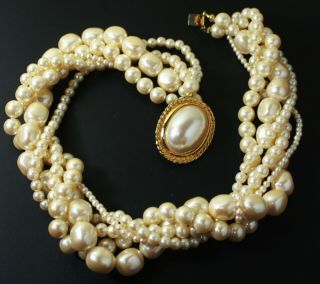 Vintage Signed Carolee Chunky Multi Strand Faux Pearl Statement Necklace