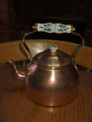Vintage French Copper Stove Top Kettle Blue White Porcelain Handle Tin Lined
