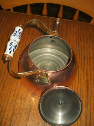 VINTAGE FRENCH COPPER STOVE TOP KETTLE BLUE WHITE PORCELAIN HANDLE TIN LINED 4