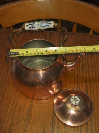 VINTAGE FRENCH COPPER STOVE TOP KETTLE BLUE WHITE PORCELAIN HANDLE TIN LINED 6