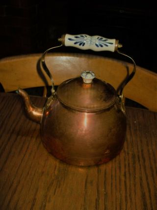 VINTAGE FRENCH COPPER STOVE TOP KETTLE BLUE WHITE PORCELAIN HANDLE TIN LINED 7