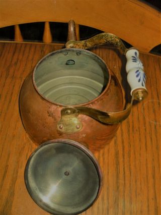 VINTAGE FRENCH COPPER STOVE TOP KETTLE BLUE WHITE PORCELAIN HANDLE TIN LINED 8