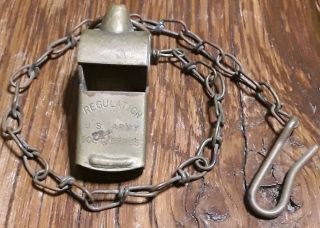 Vintage World War Ii U.  S.  Army Solid Brass Military Police Mp Whistle W/ Chain