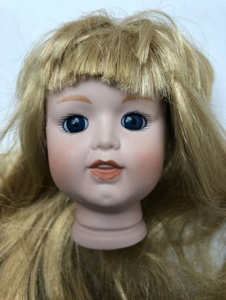 Vtg Porcelain Doll Head 3 1/2” Parts Blonde Wig Blue Eyes Teeth For 12” Dolls