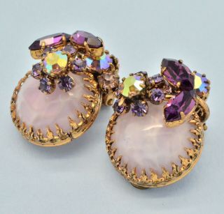 Vintage Earrings 1950s Purple Lilac Crystal & Glass Flowers Goldtone Jewellery