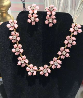 Vintage Kramer Thermoset Pink Lucite Rhinestone Flower Necklace Earring Set