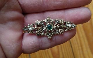 Vintage Goldtone Green Rhinestone And Faux Pearls Flower Brooch Signed