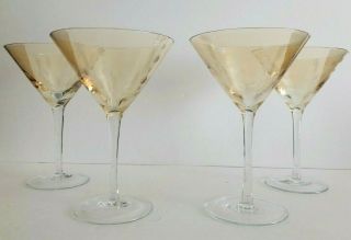 Vintage Set Of 4 Iridescent Gold Etched Martini Glasses 7 1/4 " Tall