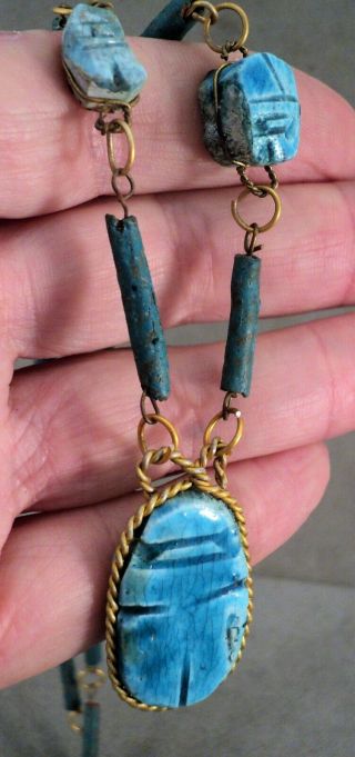 Vintage Egyptian Pottery Blue Scarab Bead Necklace 24 " - Estate Find