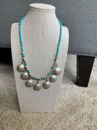 Vintage Sterling Silver And Turquoise Beaded Necklace