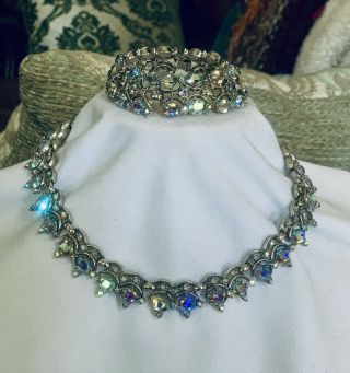 Vintage Trifari Bracelet Necklace Set Large Blue/aurora Rhinestones Silvertone