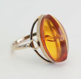 Vintage Russian Gold Plated Sterling Silver Baltic Amber Retro Ring Sz 7.  5