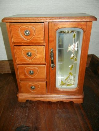 Vintage Armoire Jewelry Box Wood Cabinet Drawers Door Hooks Organizer