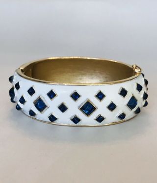 Vintage Crown Trifari White Enamel Blue Stones Clamper Bracelet